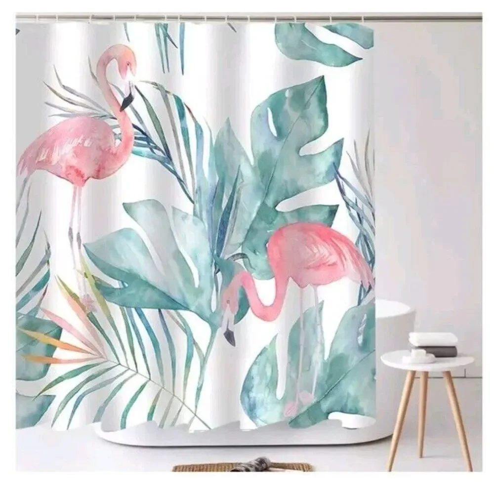 EXTRA LONG Shower Curtain Coastal Pink Flamingos w/ Teal Palm Fronds 71